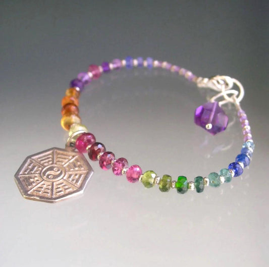 Rainbow Beaded Bracelet w/ Yin Yang Vintage Sterling Charm
