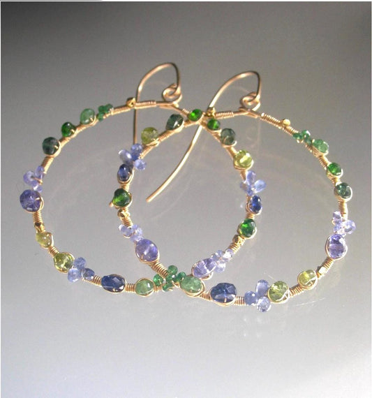 Green Blue Gemstone 14k Gold Filled Hoops