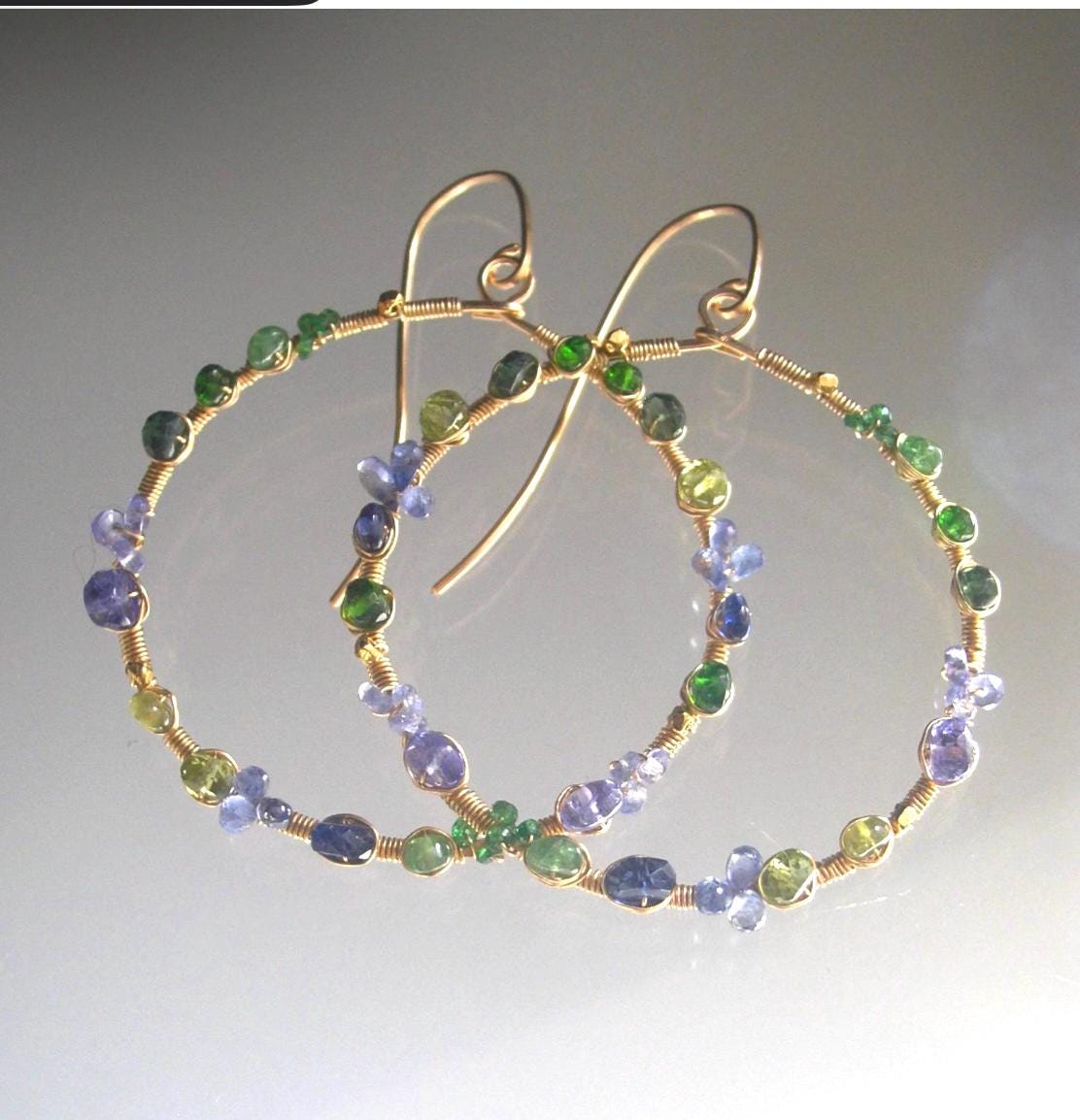 Green Blue Gemstone 14k Gold Filled Hoops
