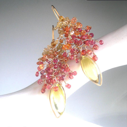 Fiery Sapphire Branched 14k Gold Filled Earrings w/ Lemon Quartz