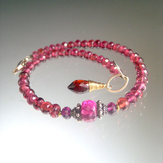 Pink Tourmaline Red Garnet Beaded Bracelet
