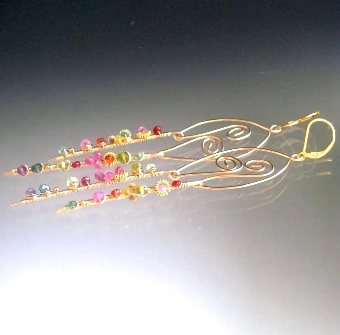 Sculptural Gemstone 14kmGold Filled Earrings 4 3/8”