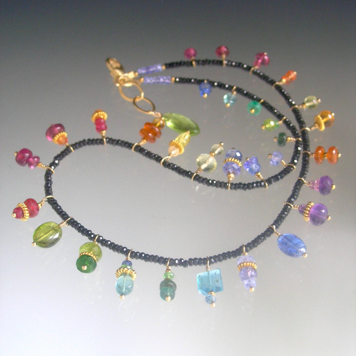 Black Spinel Necklace Choker w/ Rainbow Gemstone Charms