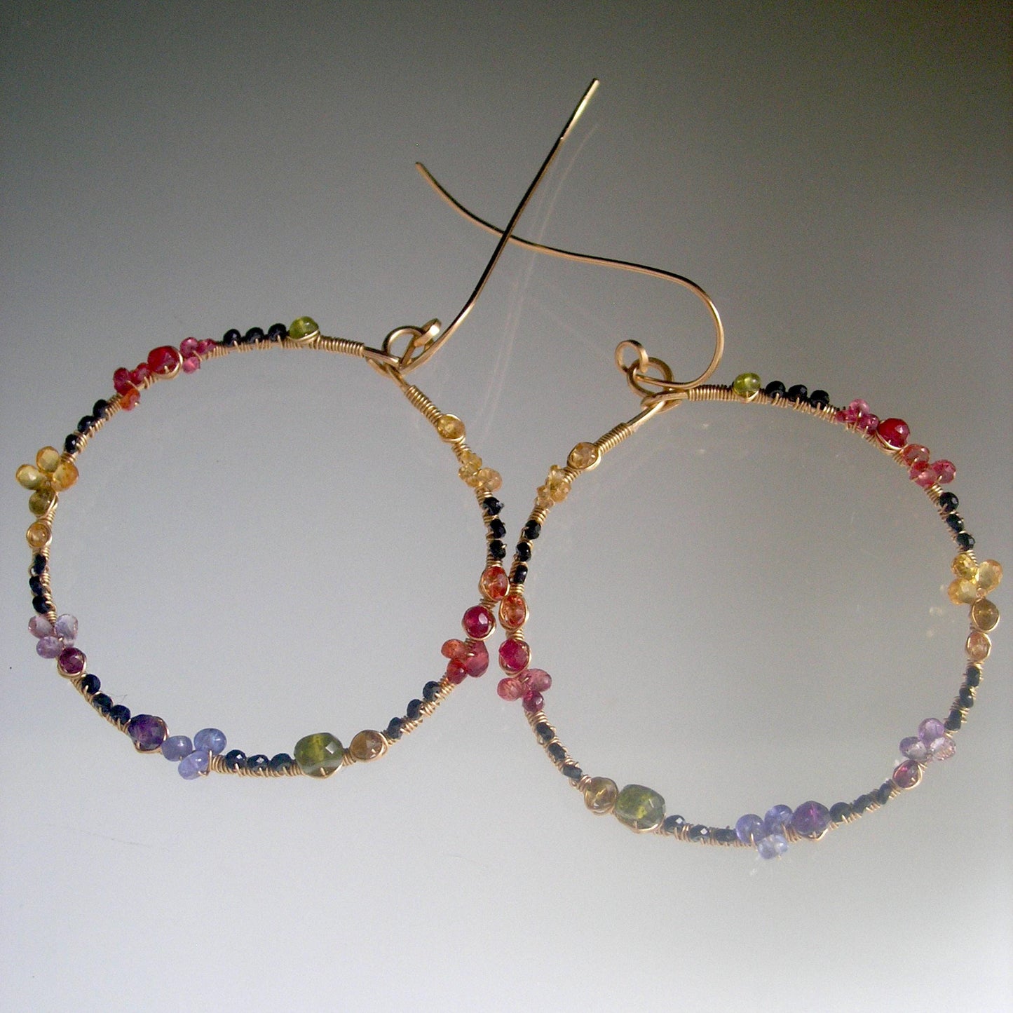 Rainbow Gemstone Front Facing Hoops w/ Black Spinel
