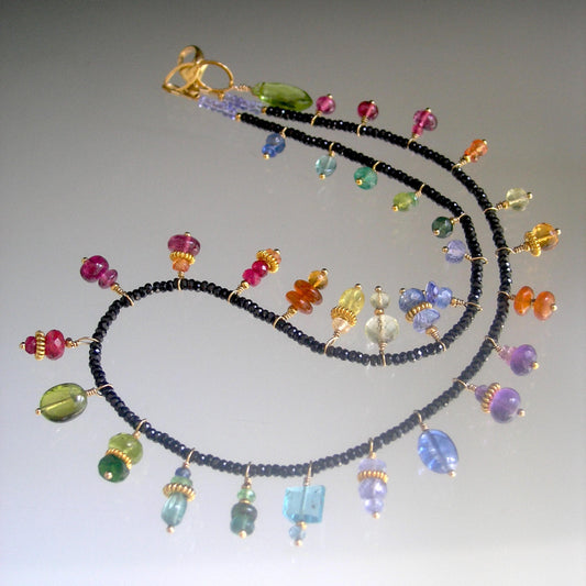Black Spinel Necklace Choker w/ Rainbow Gemstone Charms