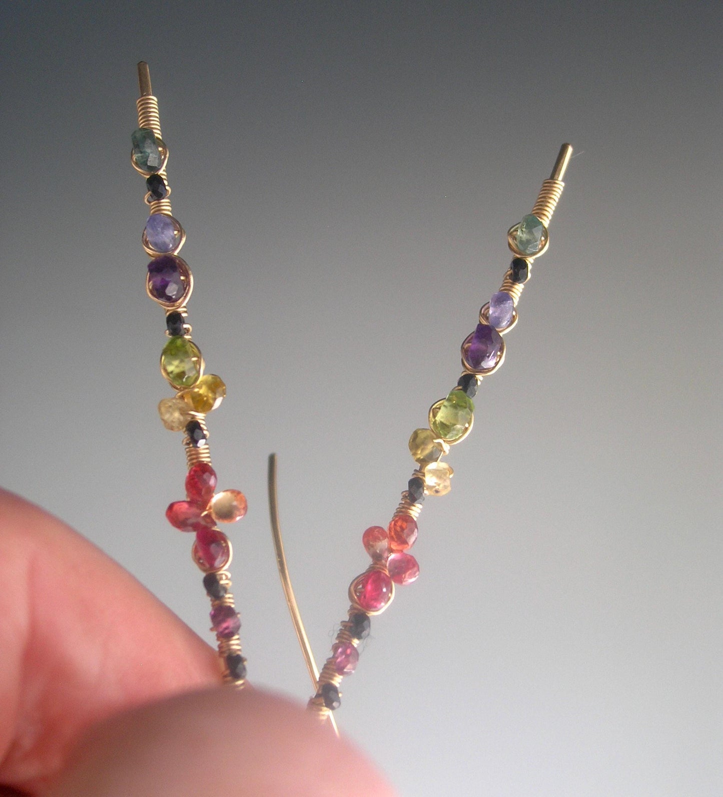 Linear Multi Gemstone Gold Filled Earrings w/Black Spinel
