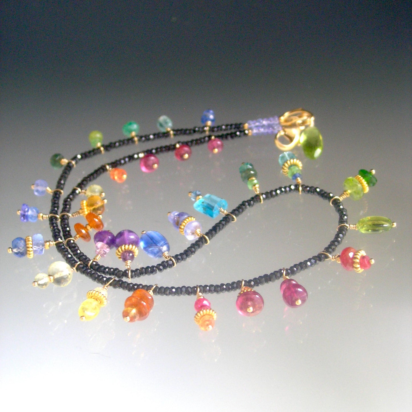 Black Spinel Necklace Choker w/ Rainbow Gemstone Charms