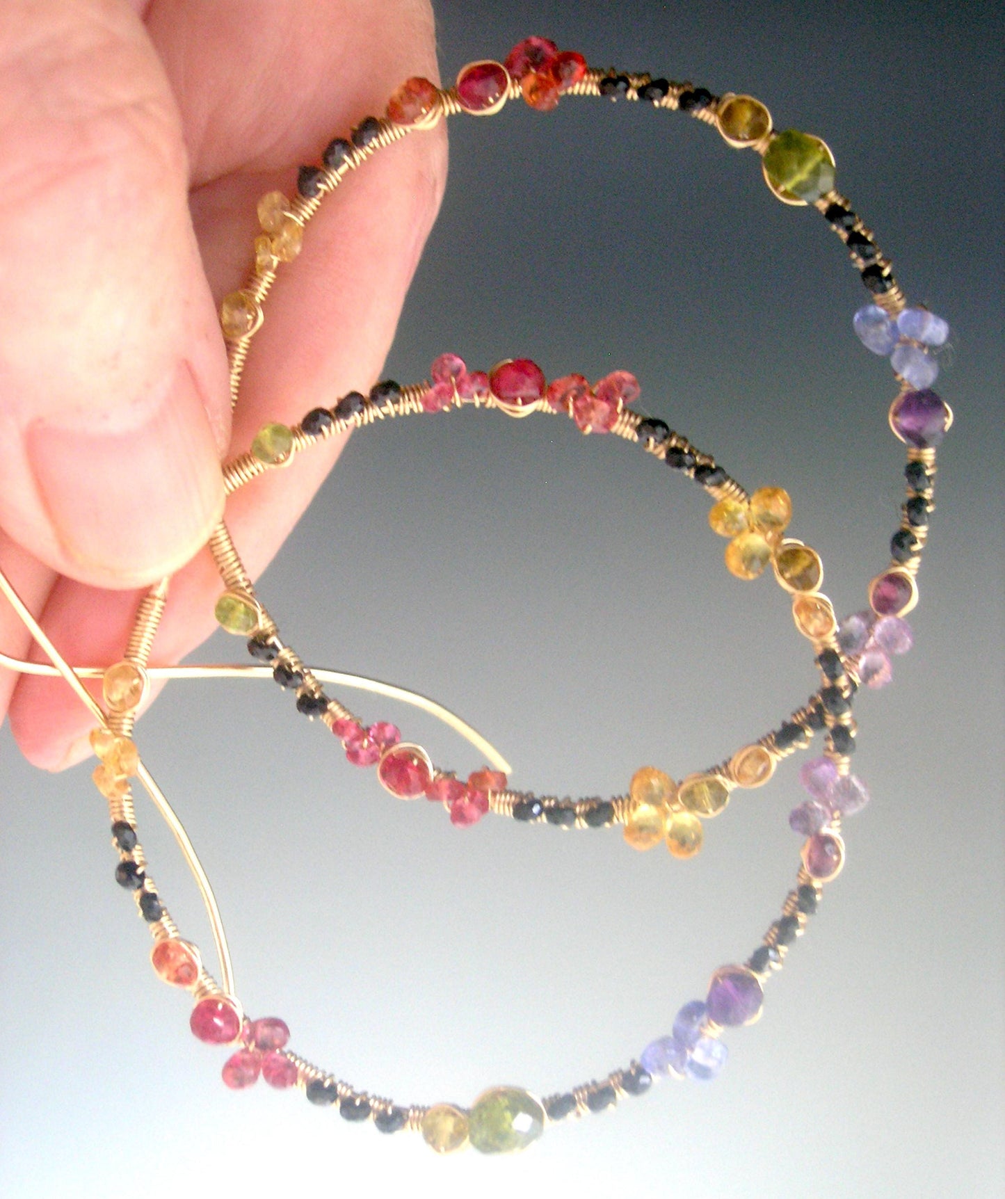 Rainbow Gemstone Front Facing Hoops w/ Black Spinel