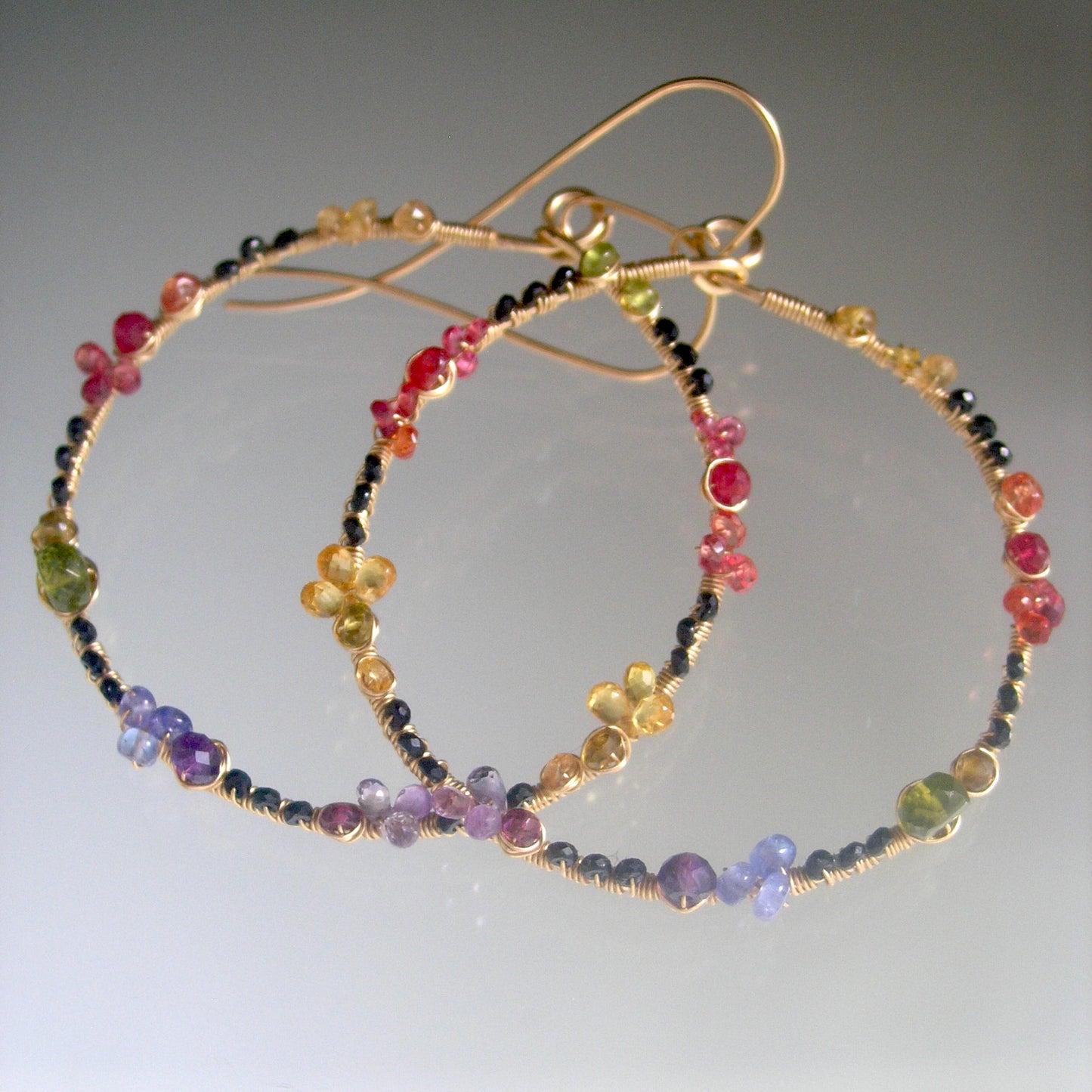 Rainbow Gemstone Front Facing Hoops w/ Black Spinel