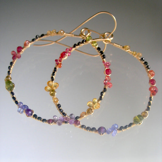 Rainbow Gemstone Front Facing Hoops w/ Black Spinel
