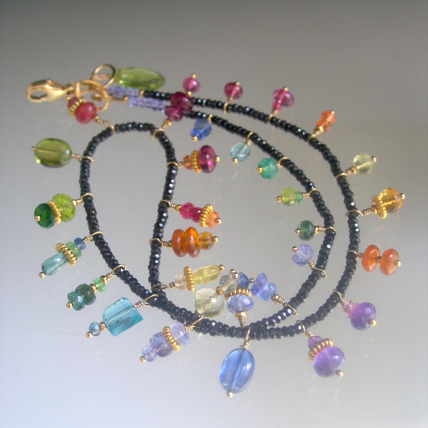 Black Spinel Necklace Choker w/ Rainbow Gemstone Charms