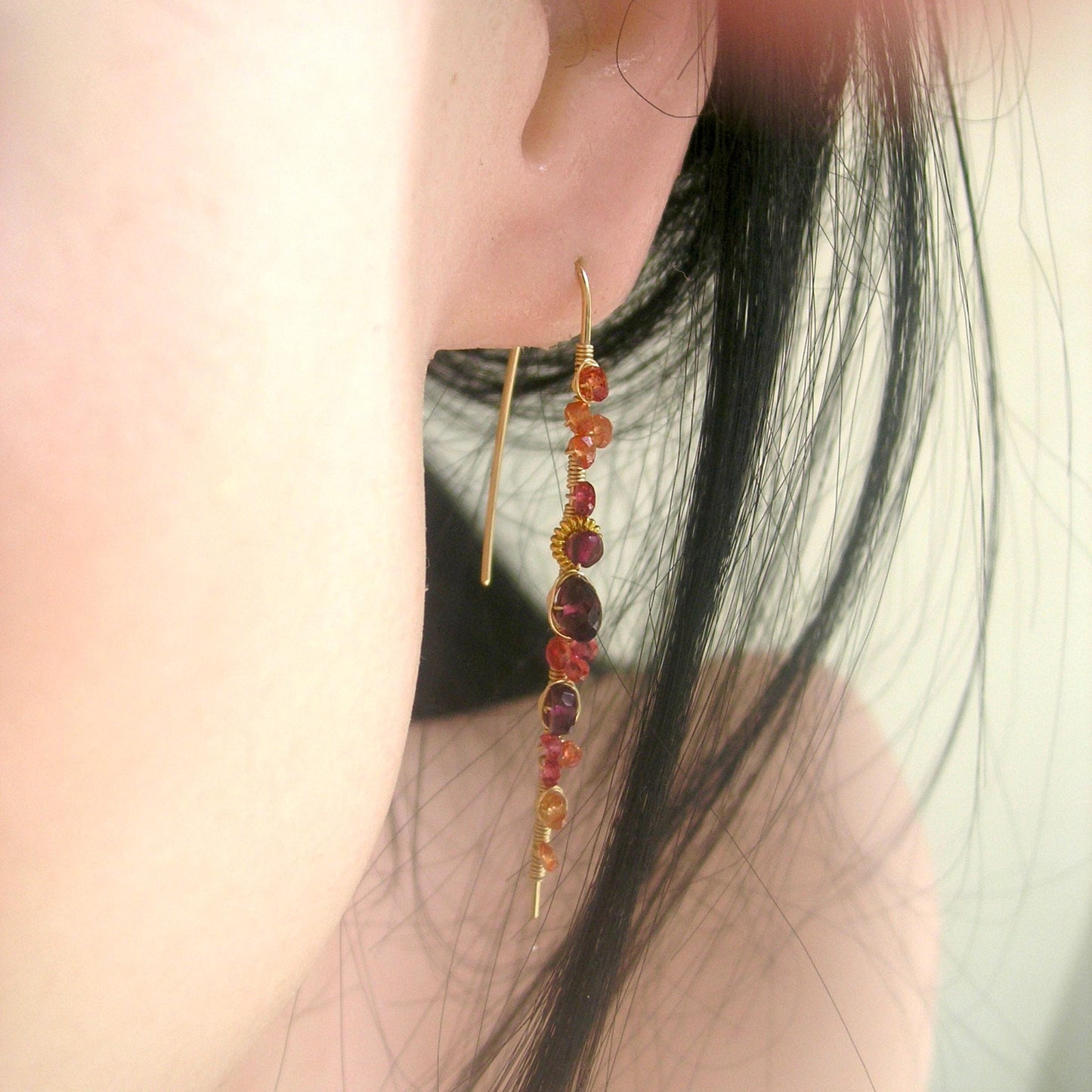 Sapphire Garnet Linear 14k Gold Filled Threader Earrings